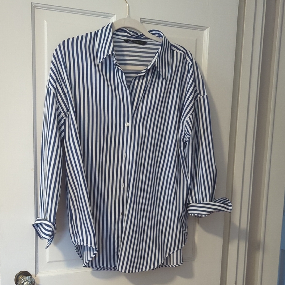Zara Blue and White Striped Blouse